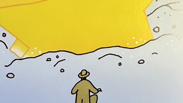 『Silent Vision』の絵本のページのイラストです。星が地面に落ちてめりこんでいるのを男の人が見ている絵が描かれています。