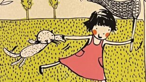 「mes dimanches」の絵本の表紙です。猫をひっぱって虫取り網を持った女の子が走っている絵が描かれています。