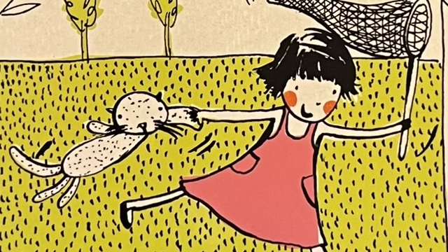 「mes dimanches」の絵本の表紙です。猫をひっぱって虫取り網を持った女の子が走っている絵が描かれています。