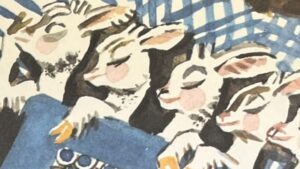 『おおかみと七ひきのこやぎ』の絵本のページのイラストです。７匹の子ヤギが眠っている姿が描かれています。