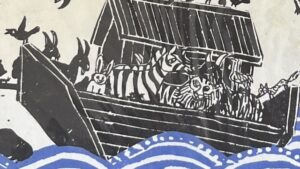 『HOW THE LEFT-BEHIND BEASTS BUILT APARAT』の絵本の表紙です。ノアの方舟にいろいろな動物たちが乗っている絵が描かれています。