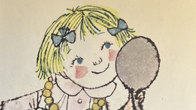 『Karen's OPPOSITES』の絵本のページです。女の子が手鏡を覗きこんでいます。