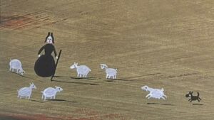 『La Belle et la Bete』の絵本のページのイラストです。羊飼いらしき人と羊が描かれています。