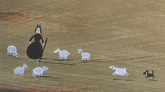 『La Belle et la Bete』の絵本のページのイラストです。羊飼いらしき人と羊が描かれています。