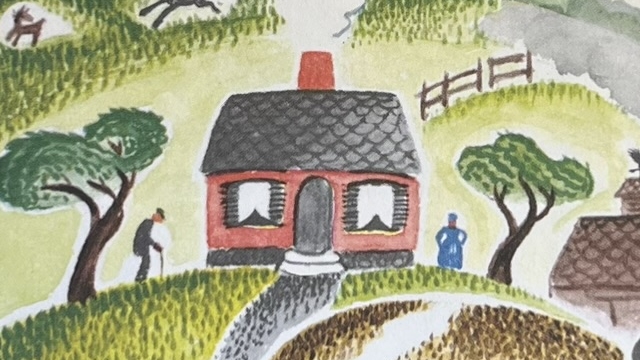 『THE LITTLE HOUSE』の絵本のページです。ちいさいおうちの周りが緑豊かな丘になっているイラストが描かれています。