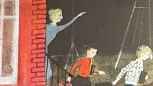 『WHERE DOES EVERYONE GO？』の絵本のページのイラストです。おかあさんが子どもたちを送りだしている絵が描かれています。