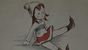 『kiki skates』の絵本のページです。スケートでころんでいる女の子kikiが描かれています。
