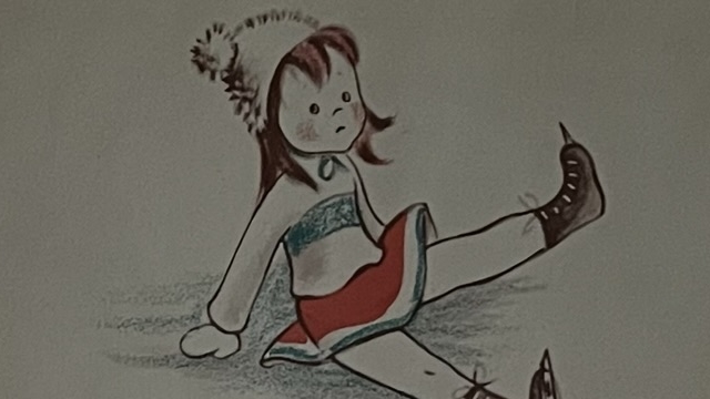『kiki skates』の絵本のページです。スケートでころんでいる女の子kikiが描かれています。