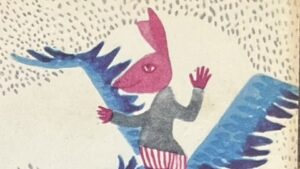 『l'opera de la lune』の絵本のページのイラストです。ピンクのウサギが青い鳥に乗っている絵が描かれています。