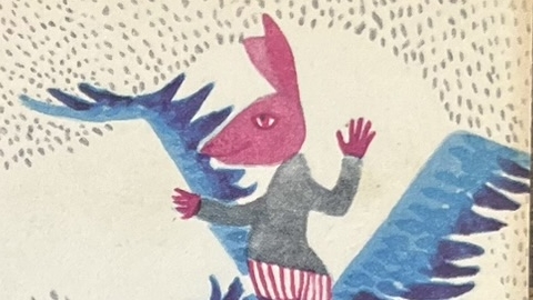 『l'opera de la lune』の絵本のページのイラストです。ピンクのウサギが青い鳥に乗っている絵が描かれています。