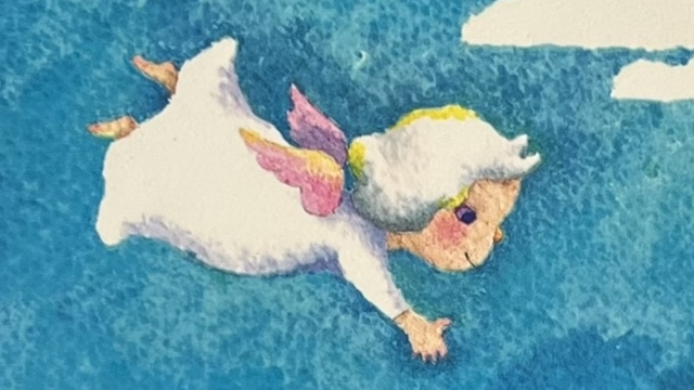 『よりみちしたてんし』の絵本のページのイラストです。天使が空から舞い降りてくる絵が描かれています。