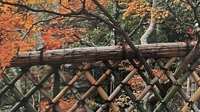 『垣・塀』の本の表紙です。紅葉を背景にして垣が写っています。