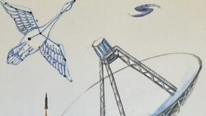 『宇宙』の絵本の表紙です。パラボラアンテナや星座、銀河の絵が描かれています。