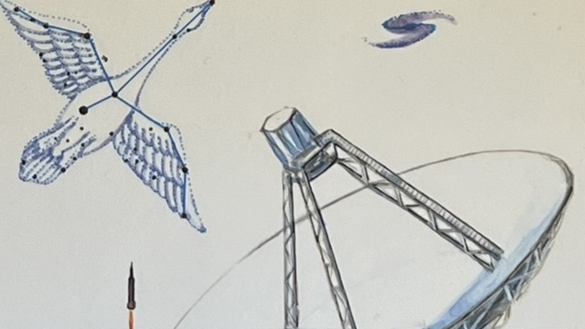 『宇宙』の絵本の表紙です。パラボラアンテナや星座、銀河の絵が描かれています。