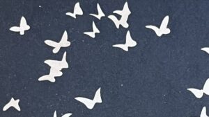 『猫の微笑』の表紙のイラストです。たくさんの蝶々が描かれています。