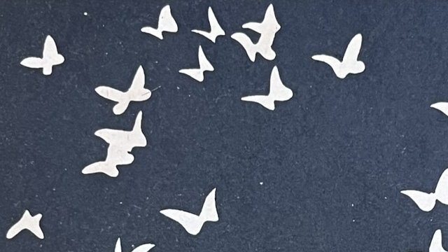 『猫の微笑』の表紙のイラストです。たくさんの蝶々が描かれています。