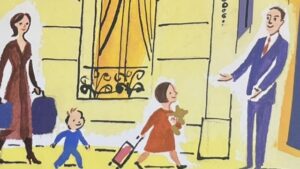 『Everbody Bonjours!』の本のページのイラストです。女の子が先頭に家族がパリのホテルに着いてホテルマンに迎えられている絵が描かれています。