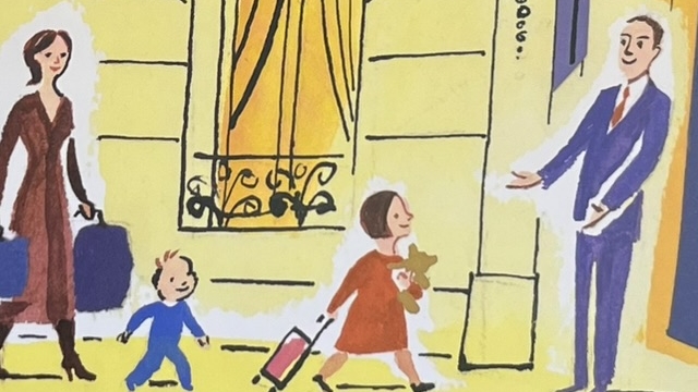 『Everbody Bonjours!』の本のページのイラストです。女の子が先頭に家族がパリのホテルに着いてホテルマンに迎えられている絵が描かれています。
