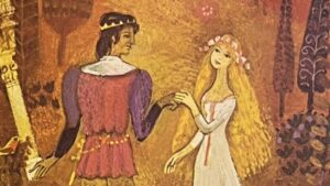 『The Little Mermaid』の絵本の表紙です。王女と人魚姫が手を取り合っています。