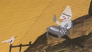 『すいようびくんのげんきだま』の絵本のページのイラストです。水辺で白い男の人が料理をしているかたわらに白い鳥がとまっている絵が描かれています。