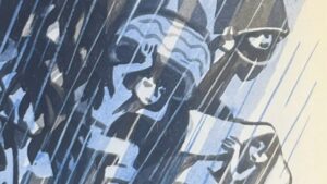 『わたしたちの羽の下で』の絵本のページのイラストです。雨の中いろいろかぶって走っている子どもたちが描かれています。