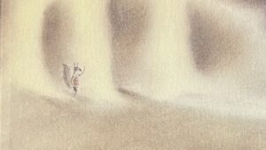 『落日と風のこと』の絵本の表紙です。リスが遠くに向かって手をあげているイラストが描かれています。