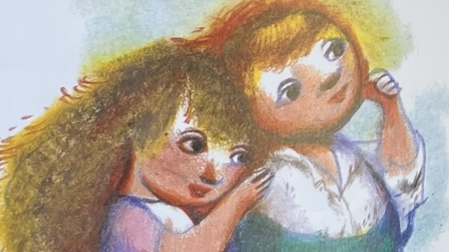 『Dvakrat sedm pohadek』の絵本のページのイラストです。ヘンゼルとグレーテルの絵が描かれています。