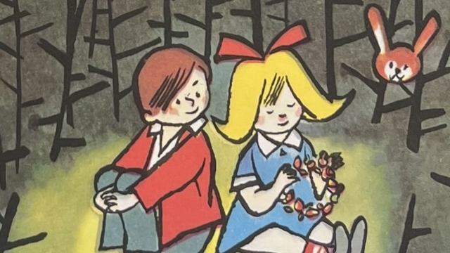 『Hansel und Gret』の絵本のページのイラストです。森の中で座るヘンゼルとグレーテル、そしてウサギが描かれています。
