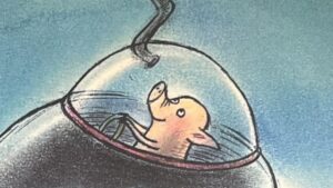 『Herr Gris i det stora bla』の絵本の表紙のイラストです。クジラの潜水艦にブタが乗っている絵が描かれています。