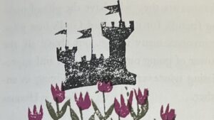 『On Friendship』の絵本のページのイラストです。城を背景にチューリップのお花が咲いている絵が描かれています。