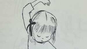 『THE SPLIT-LEVEL CHILD』の絵本のページのイラストです。女の子が踊っている絵が描かれています。