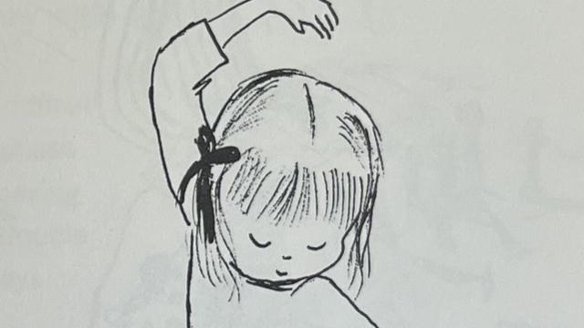 『THE SPLIT-LEVEL CHILD』の絵本のページのイラストです。女の子が踊っている絵が描かれています。