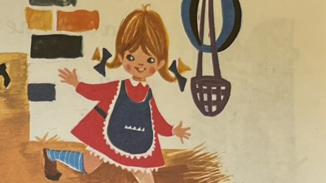 『daniel et valerie』の教材のページのイラストです。エプロンをつけた女の子が描かれています。