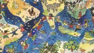 『ちきゅうはみんなのいえ』の絵本の表紙の絵です。地球の上で動物も人間も手をつなぎ仲良く楽しんでいるいるイラストが描かれています。
