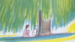 『スーザンのかくれんぼ』の絵本のページのイラストです。大きな木の木陰に女の子が座っている絵が描かれています。