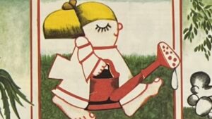 『muzikanti, co delate』の絵本のページのイラストです。ジョーロを持ったロボットみたいな女の子が描かれています。