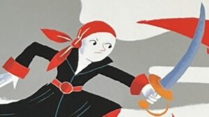 『ママはかいぞく』の絵本の表紙のイラストです。海賊になったママが剣を持って闘っているイラストが描かれています。