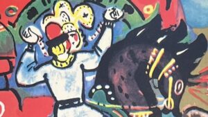 『メルヘンアルファベット』の絵本のページのイラストです。馬に乗った男性が描かれています。