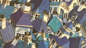 『街どろぼう』の絵本のページの絵です。たくさんの建物が俯瞰したところから描かれています。