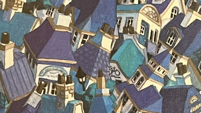 『街どろぼう』の絵本のページの絵です。たくさんの建物が俯瞰したところから描かれています。