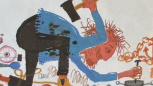 『Alexander's Flycycle』の絵本のページのイラストです。男の人がかなづちを振りあげて何を作っている絵が描かれています。