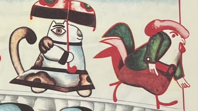 『muzikanti, co delate』の絵本のページのイラストです。にわとりと傘を持った猫?が描かれています。