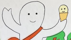 『おばけのアイスクリームやさん』の絵本の表紙のイラストです。おばけがおばけの顔が書かれたアイスクリームを持った絵が描かれています。