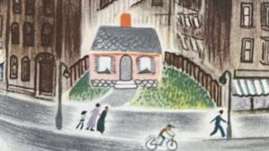 『ちいさいおうち』の絵本のページのイラストです。ちいさいおうちが大きな建物Ⅱ囲まれている絵が描かれています。