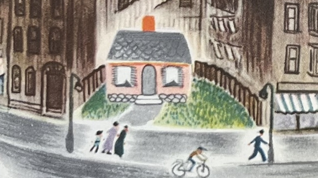 『ちいさいおうち』の絵本のページのイラストです。ちいさいおうちが大きな建物Ⅱ囲まれている絵が描かれています。