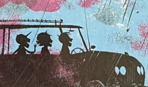 『FLASH,CRASH,RUMBLE,AND ROLL』の絵本の表紙です。嵐の中を行く車と車の中の人がシルエットで描かれています。
