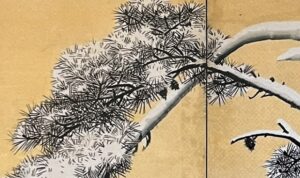 『円山応挙　―　空間の創造』の図録の表紙です。雪松図屏風の絵が載っています。