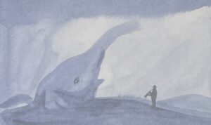 「象の思い出」の絵本の表紙です。管楽器を奏でている男の人のそばからクジラが海から跳躍している絵が描かれています。