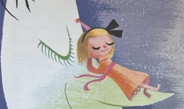 『golden Song Book』の絵本のページのイラストです。月の上で寝そべっている女の子の絵が描かれています。