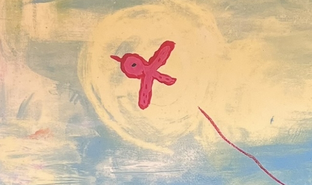 『とどけありがとう』の絵本の表紙です。空を飛んでいる赤い小鳥の絵が描かれています。